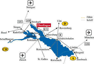Reiseroute, Wegbeschreibung oder Routenplaner: Nach Überlingen am Bodensee über die Straßenkarte oder Anfahrtsskizze zum download. Ihre Reiseroute zum Hotel Ochsen in Überlingen in Baden-Würt